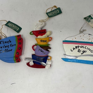 Midwest of Cannon Falls Coffee Cup Cappuccino Christmas Ornaments in Resin 4&quot; Lot of 3 Vintage 1990s