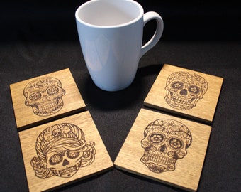 Sugar Skull set of 4 engraved real wood coasters 4 different designs