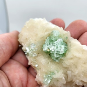 Lustrous Green Apophyllite Crystal Cluster &quot;Flowers&quot; on Peach Stilbite Specimen, 3.1 Inch Specimen - 0115