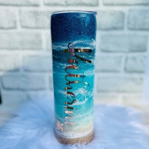 Beach Tumbler, Glitter Tumbler, Personalized Beach Cup, Sea turtle