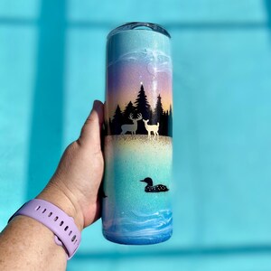 Sunset glitter tumbler, Lake, Deer, Bear, Glitter Tumbler, Personalized Cup