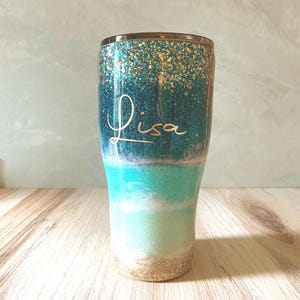 Teal Glitter Beach Tumbler: Personalized Stainless Steel Cup