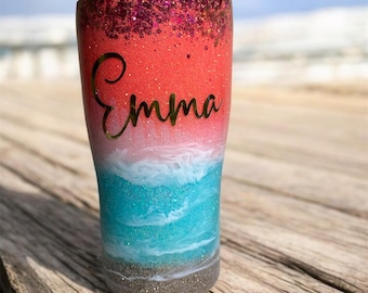 Personalized Beach Glitter Tumbler: Stainless Steel Cup, 20 ounces