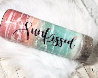 Beach themed Tumbler, Resin Glitter Tumbler, Custom Cup, Sunset