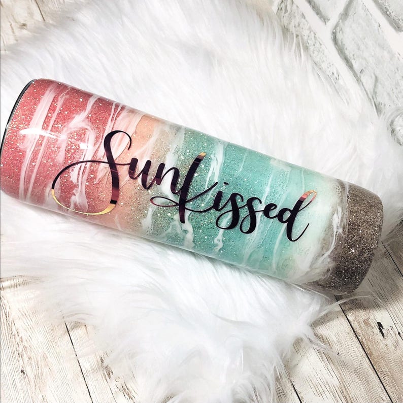 Beach themed Tumbler, Resin Glitter Tumbler, Custom Cup, Sunset image 1