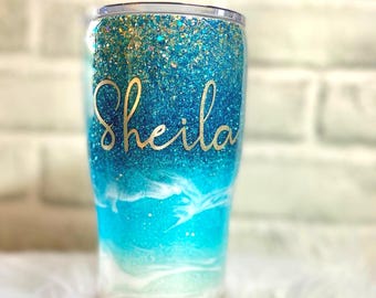 Teal Glitter Beach Tumbler: Personalized Stainless Steel Cup