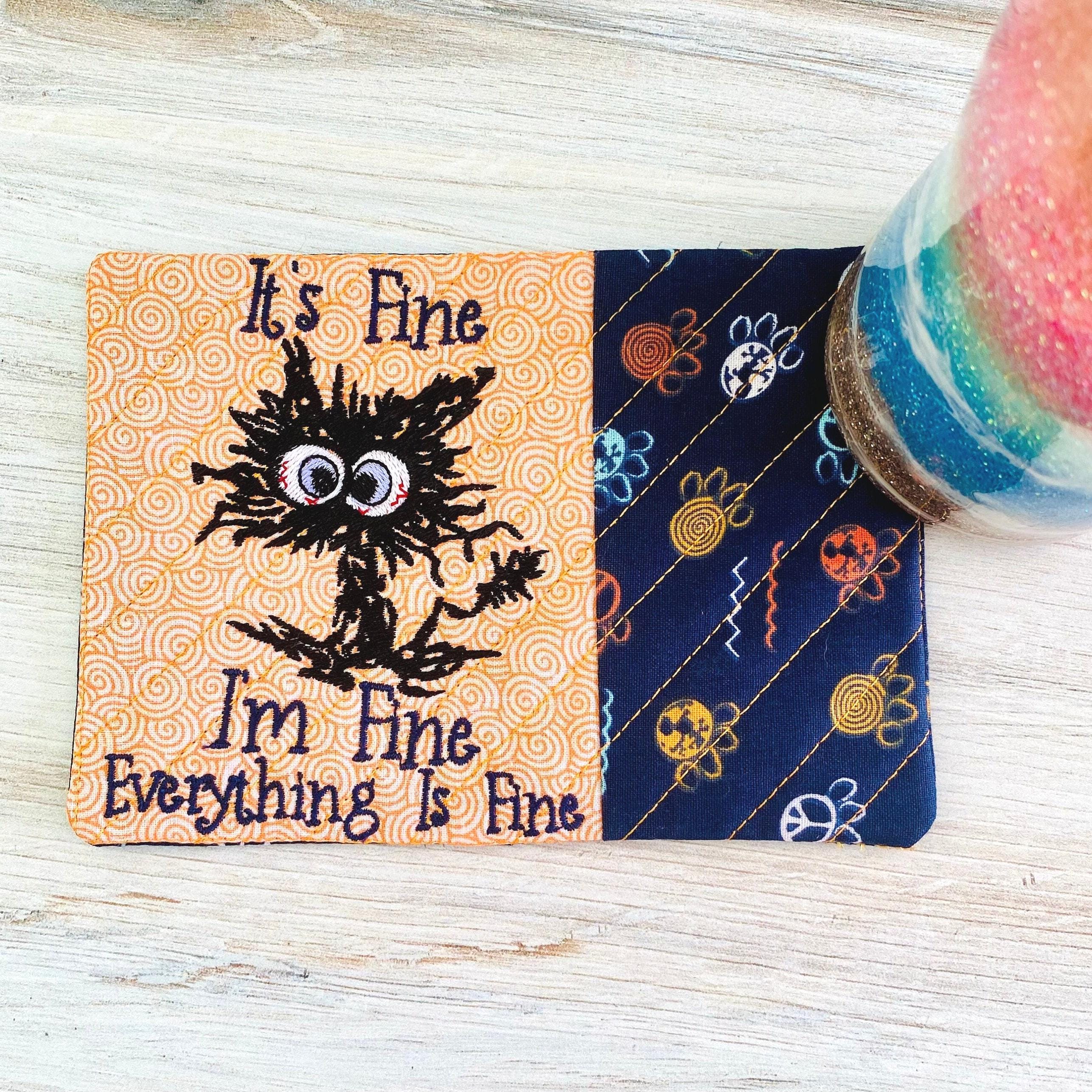 Cute Cat Coaster/Mug Rug, Custom embroidered Mug Rug, Office Gift, Teacher Gift, Handmade Mug rug