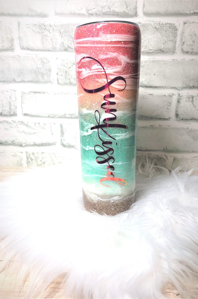 Beach themed Tumbler, Resin Glitter Tumbler, Custom Cup, Sunset image 2