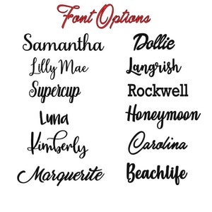 May include: A list of font options for a design project. The fonts are displayed in a cursive style and include names like Samantha, Dollie, Lilly Mae, Supercup, Luna, Kimberly, Marguerite, Langrish, Rockwell, Honeymoon, Carolina, and Beachlife.