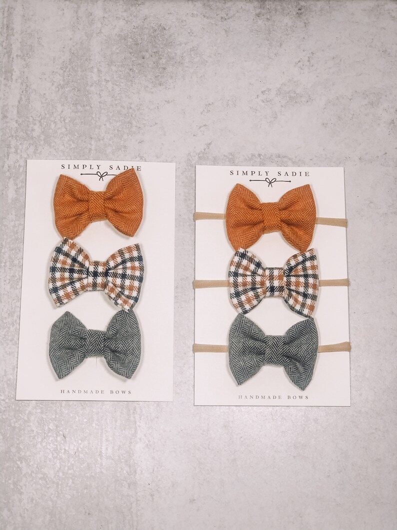 Orange Flannel Bow Toddler Hair Clip Fall Flannel Orange Bow Set Orange Plaid Flannel Bow,Nylon Headband Baby Bows Dark Grey Flannel Bow
