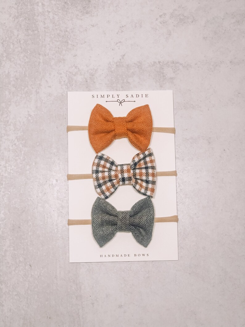Orange Flannel Bow Toddler Hair Clip Fall Flannel Orange Bow Set Orange Plaid Flannel Bow,Nylon Headband Baby Bows Dark Grey Flannel Bow