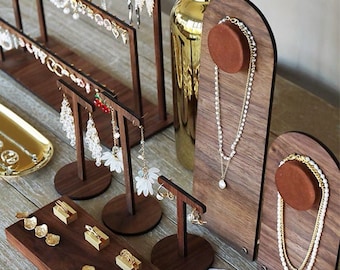 Donker houten sieraden display set, ketting display stand, unieke oorbellen display stand, oorbellen organisator, oorbellen display rack