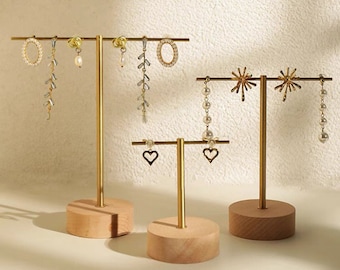 Soporte de pendientes de madera y metal, soporte de exhibición de pendientes, exhibición de pendientes minimalista, soporte de soporte de pendientes, base circular
