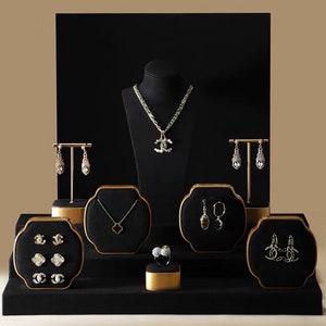 Luxus Schwarz und Gold Schmuck Display Set, Schmuckständer, Ring Display Halter, Halskette Display Ständer, Ohrring Display Halter für Handwerk zeigen