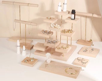 Set di espositori per gioielli in legno, espositore per gioielli, supporto per gioielli in legno, montante e piattaforma per gioielli, espositore per collana, piatto piano per gioielli
