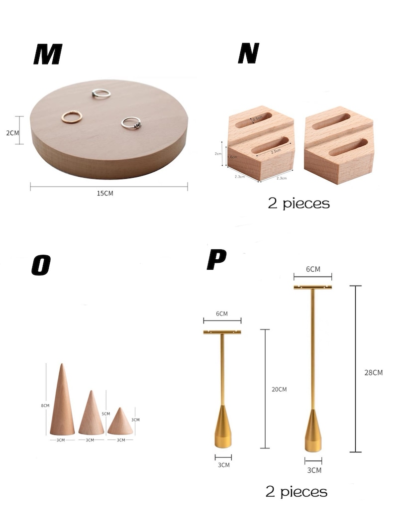 May include: Set of wooden and metal jewelry display stands. The set includes a round wooden ring stand, two hexagonal wooden ring stands, three wooden cone stands, and two metal T-shaped stands. The stands are all different sizes and are perfect for displaying rings, earrings, necklaces, and other jewelry.