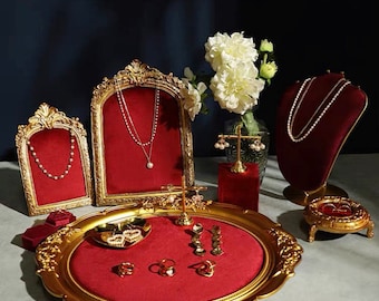 Retro Jewelry Display Set,  Velvet Jewelry Platform Tray, Ring Display Holder, Necklace Display Stand, Wedding Gift, Red and Gold