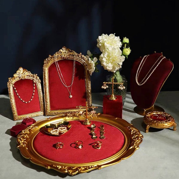 Retro Jewelry Display Set,  Velvet Jewelry Platform Tray, Ring Display Holder, Necklace Display Stand, Wedding Gift, Red and Gold
