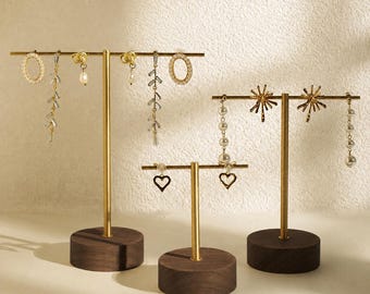 Soporte de pendientes de madera y metal, soporte de exhibición de pendientes, exhibición de pendientes minimalista, soporte de soporte de pendientes, base circular