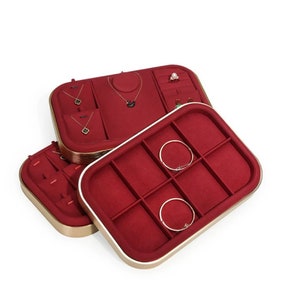 Red Microfiber Jewelry Display Tray, Earrings Display Case, Ring Display Tray, Necklace Display Tray with grid, Bracelet Display Dish