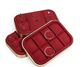 Red Microfiber Jewelry Display Tray, Earrings Display Case, Ring Display Tray, Necklace Display Tray with grid, Bracelet Display Dish