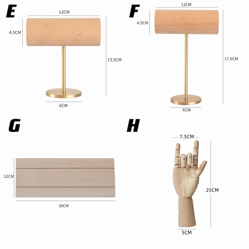 May include: Four wooden display stands for jewelry. The stands are made of natural wood and have a gold metal base. The stands are different sizes and shapes. The first stand is 12 inches long and 4.5 inches tall. The second stand is 12 inches long and 4.5 inches tall. The third stand is 12 inches long and 4.5 inches tall. The fourth stand is 7.5 centimeters long and 25 centimeters tall.