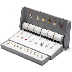 Luxury Jewelry Display Set, Faux Leather Jewelry Stand, Necklace Display Stand, Ring Display stand, Bracelet Display holder, Gray and White