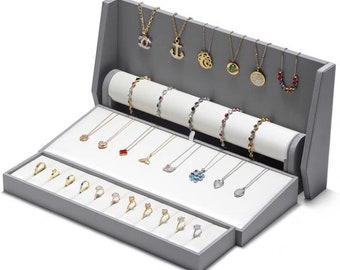 Luxury Jewelry Display Set, Faux Leather Jewelry Stand, Necklace Display Stand, Ring Display stand, Bracelet Display holder, Gray and White