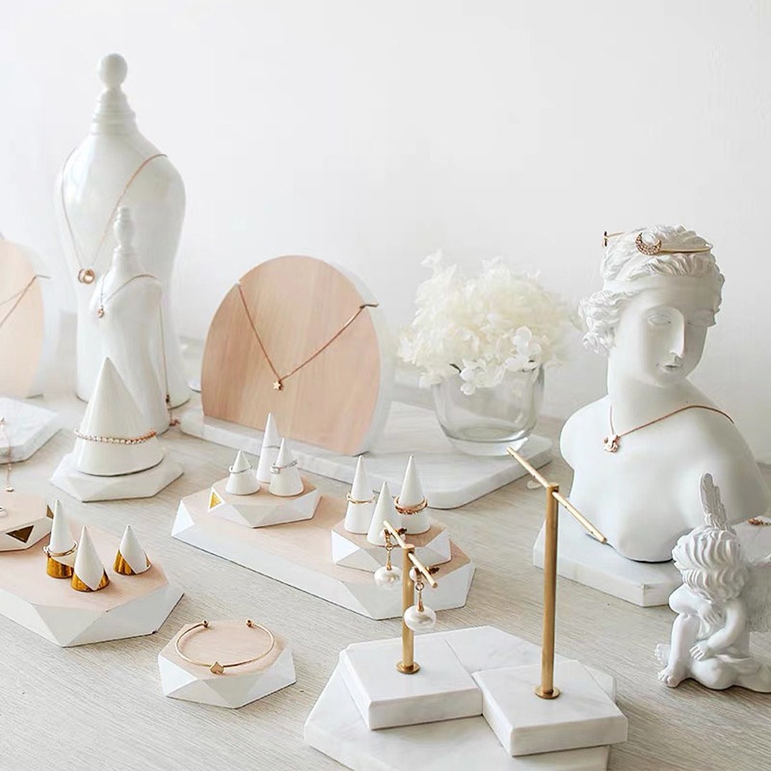 White Jewelry Display Set, Wooden Jewelry Stand, White Ring Display