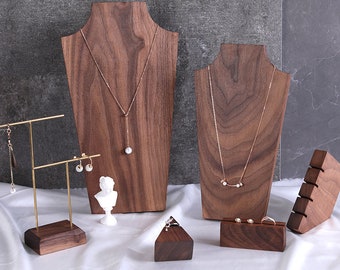 Wood Necklace Display Stand, Necklace display bust, Wooden Jewelry Display Set, Ring Display, Ring Stand, Necklace Display Holder