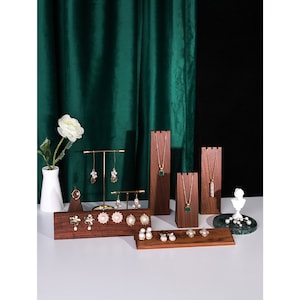 Expositor de madera para collares, juego de exhibición de joyas de madera, expositor de pendientes, soporte para pendientes, soporte para exhibición de collares, madera oscura