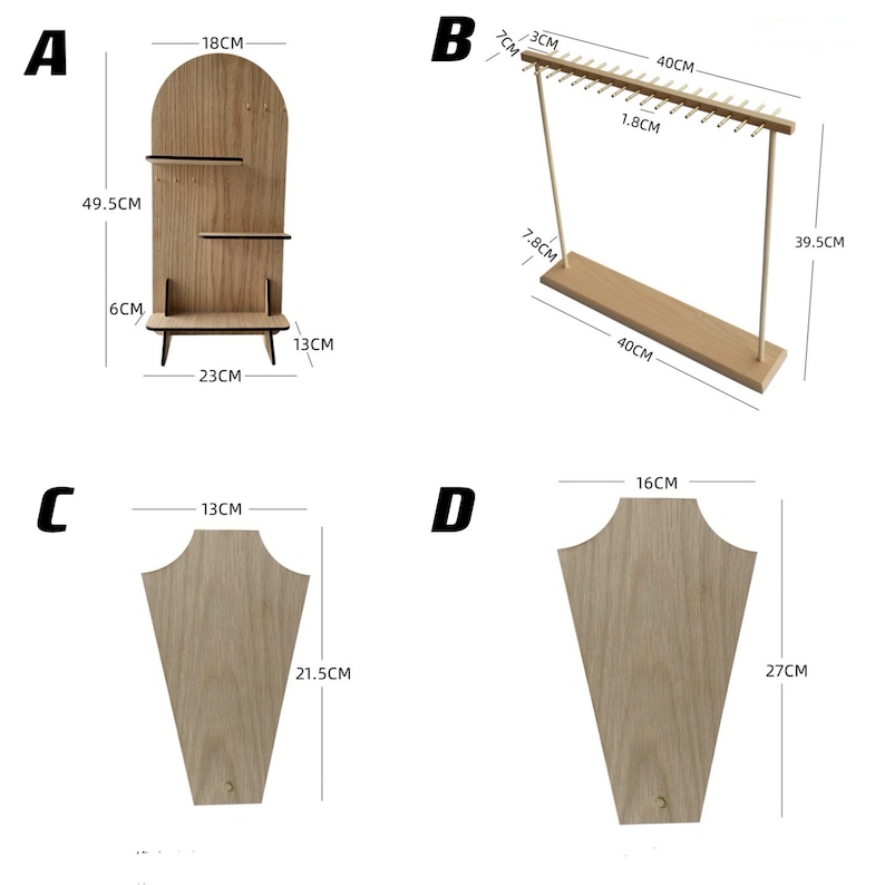 May include: Four wooden jewelry display stands. The first stand has three shelves and is 18 inches tall, 13 inches wide, and 23 inches deep. The second stand is a necklace display with a 40 inch long bar and is 39.5 inches tall. The third stand is a necklace display that is 13 inches wide and 21.5 inches tall. The fourth stand is a necklace display that is 16 inches wide and 27 inches tall.