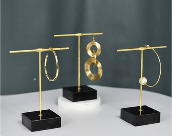 Earrings Display Stand, Earrings Display Holder, T-Bar Earrings Display, Black, Brass and Marble