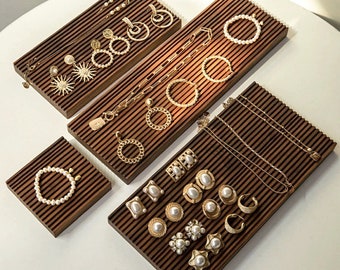 Bandeja de exhibición de joyería de madera oscura, titular de exhibición de pendientes, bandeja de exhibición de anillos, soporte de exhibición de collar, exhibición de pulsera