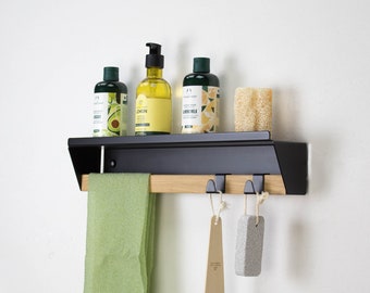 Bathroom Shelf with a Towel Bar / Bathroom hooks organizer / Black Metal Bathroom Set /Wall Mounted Towel Hooks / Bathroom Hanger