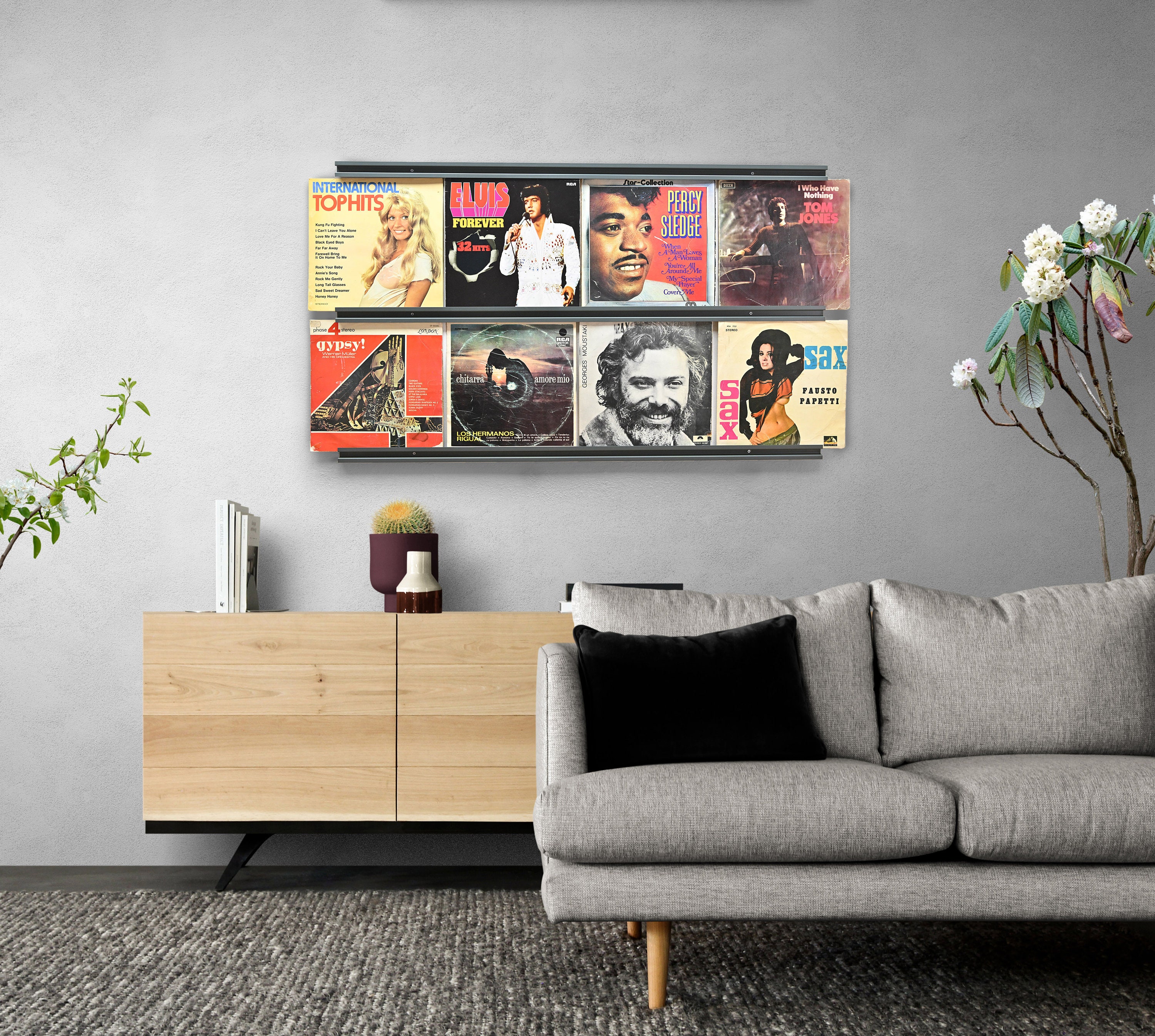 Exhibición de discos de vinilo - Combina vinilo y cubierta de álbum en la  pared. Se dobla como un soporte de mesa que ahora se reproduce.