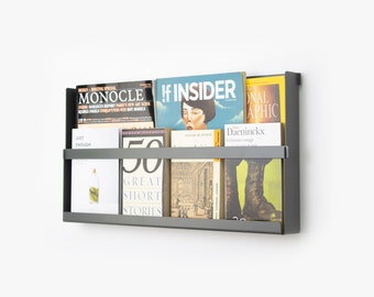 Wall Mounted Magazine Holder / Gray Magazine Rack / Metal Floating Shelf / Industrial Book Organizer / Newspaper Rack / Farmhouse Wall Decor