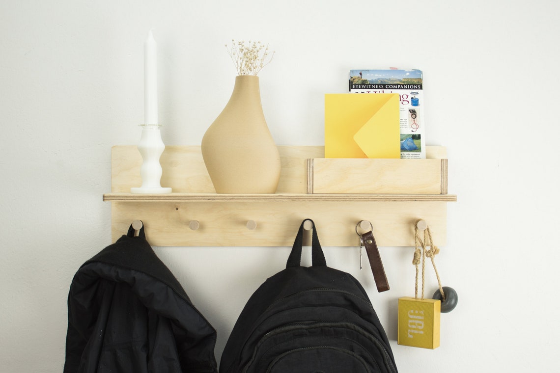 Wall Mount Entryway Organizer with Hooks / Wooden Coat Rack Etsy
