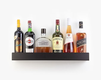 Industrial Black Bar Shelf for Man Cave Wall Decor - Metal Whiskey Display, Wine Stand, Liquor Rack - Unique Industrial Barware