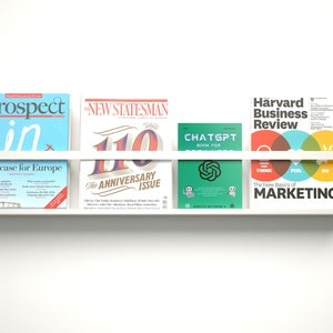 May include: A white shelf with five magazines on it. The magazines are "Prospect", "The New Statesman", "ChatGPT", and "Harvard Business Review". The "Prospect" magazine has the text "The case for Europe" on the cover. The "New Statesman" magazine has the text "The Anniversary Issue" on the cover. The "Harvard Business Review" magazine has the text "The New Basics of Marketing" on the cover.