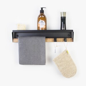 Bathroom Shelf with a Towel Bar / Bathroom hooks organizer / Black Metal Bathroom Set / Wall Mounted Towel Hooks / Bathroom Hanger