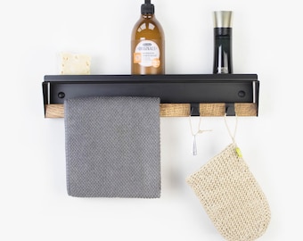 Bathroom Shelf with a Towel Bar / Bathroom hooks organizer / Black Metal Bathroom Set / Wall Mounted Towel Hooks / Bathroom Hanger