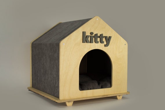 Personalized Cat House With Cat Bowl Wooden Cat Cave Modern