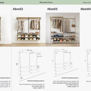 May include: A display of four different shelving units, each with a unique design. The units feature wooden shelves, metal supports, and hanging rods. The image includes diagrams and product details for each unit, showcasing a range of storage solutions.