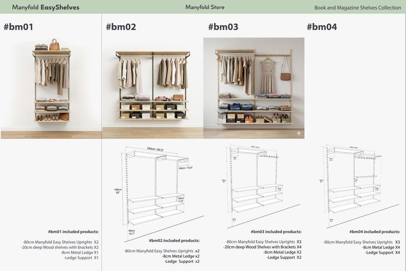 May include: A display of four different shelving units, each with a unique design. The units feature wooden shelves, metal supports, and hanging rods. The image includes diagrams and product details for each unit, showcasing a range of storage solutions.