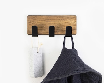 Black Bathroom Wall Hooks / Wooden Hook Rack / Mid Century Bathroom Decor  / Minimalist Metal Hooks / Luxury Bathroom Decor /