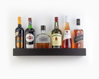 Black Bar Shelf / Whiskey Bar Display / Metal Wine Bottle Stand / Wall Hanging Liquor Rack / Metal Barware / Industrial Decor / Man Cave