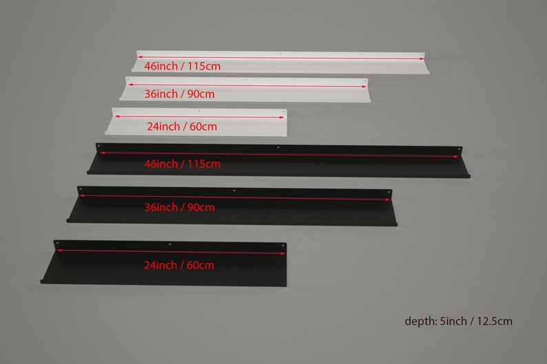 May include: A set of floating shelves in white and black. The shelves are available in three sizes: 46 inches (115cm), 36 inches (90cm), and 24 inches (60cm) long, with a depth of 5 inches (12.5cm).