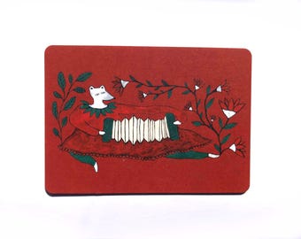 May include: A folk art style illustration on a red background. It depicts a fox-like figure playing an accordion. The fox wears a red outfit with green trim, and is surrounded by green foliage and white flowers. The artwork has a whimsical feel.