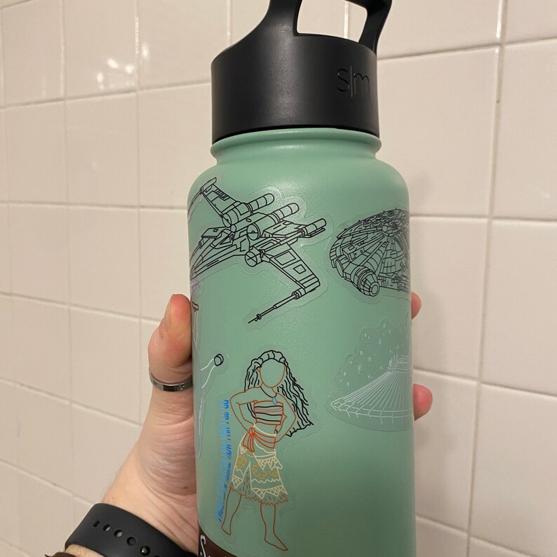 May include: A green reusable water bottle with a black lid and various character stickers. The stickers include a Star Wars X-Wing, a Millennium Falcon, a Disney princess, and a space scene.